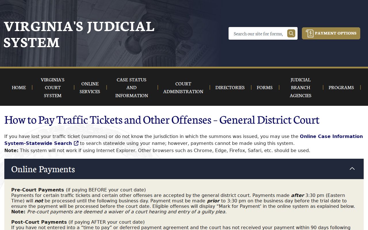 Stafford County traffic warrant payment and General District Court instructions