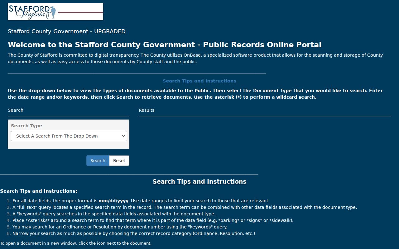 Stafford County warrant-records fallback through the OnBase public records portal