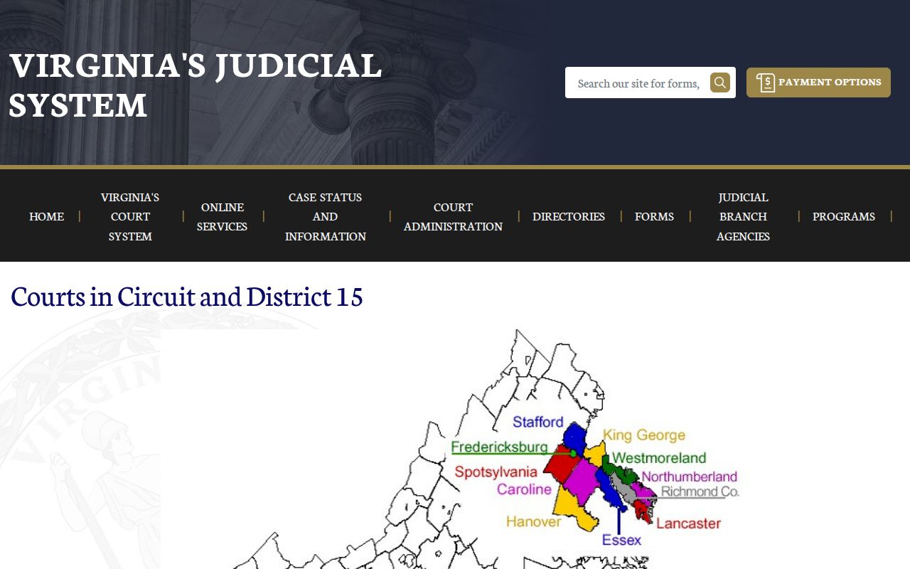 Stafford County city court warrant routing and official District 15 court map