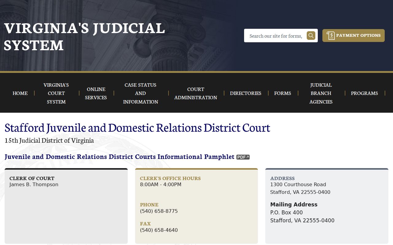 Stafford County bench warrant and JDR Court public information