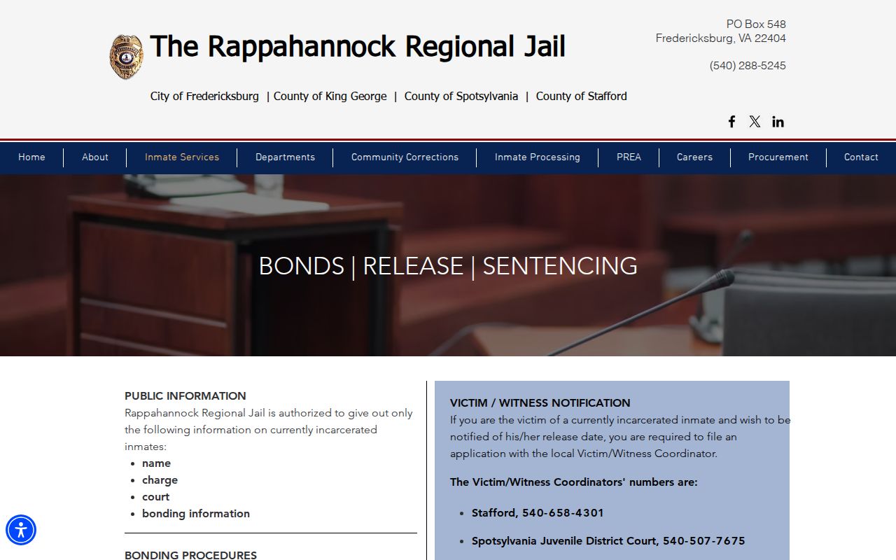 Stafford County bench warrant bond and release instructions at the regional jail