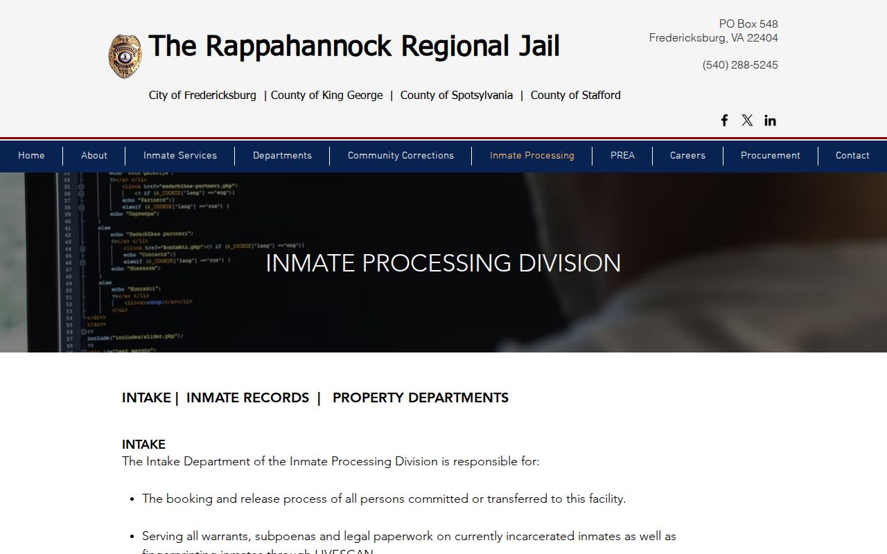 Stafford County arrest warrant service and Rappahannock Regional Jail intake process