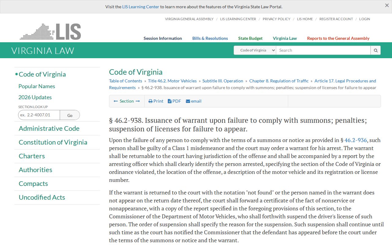 Stafford County traffic warrant and failure-to-appear law under Virginia Code